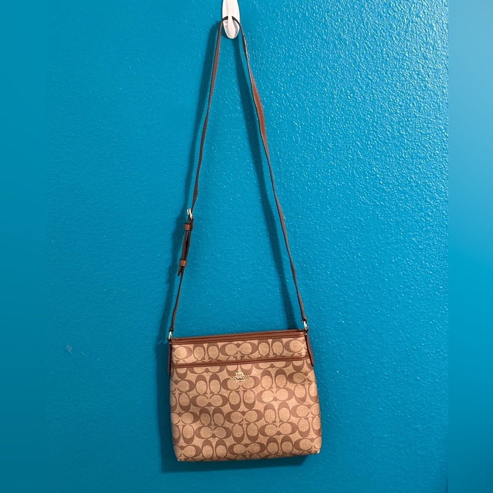 Coach Signature File Crossbody Bag Brown Canvas Leather Trim